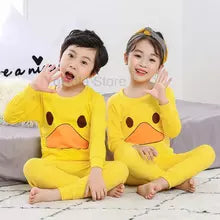 Winter Casual Homewear Children Cotton Cartoon Duck Sleepwear Kids Yellow Indoor Clothes Long Sleeve T Shirt Trousers Pajamas